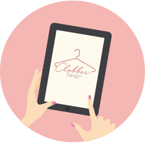 A clobberswap logo on an Ipad, with a cartoon female hand scrolling.