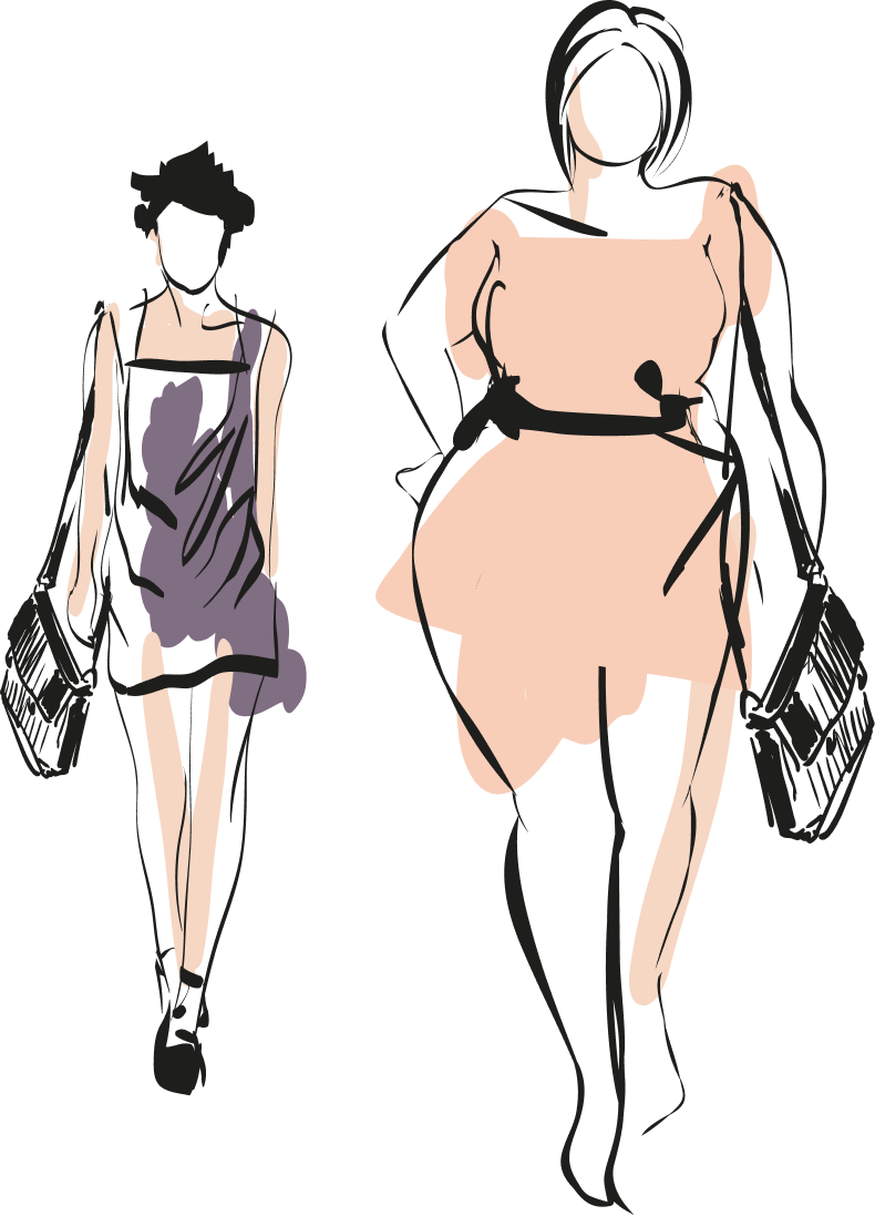 A modern cartoon of two fashionable females walking.