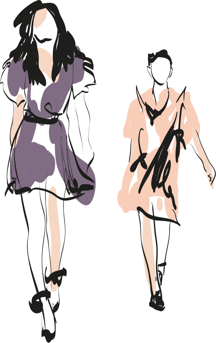 A modern cartoon of two fashionable females walking.