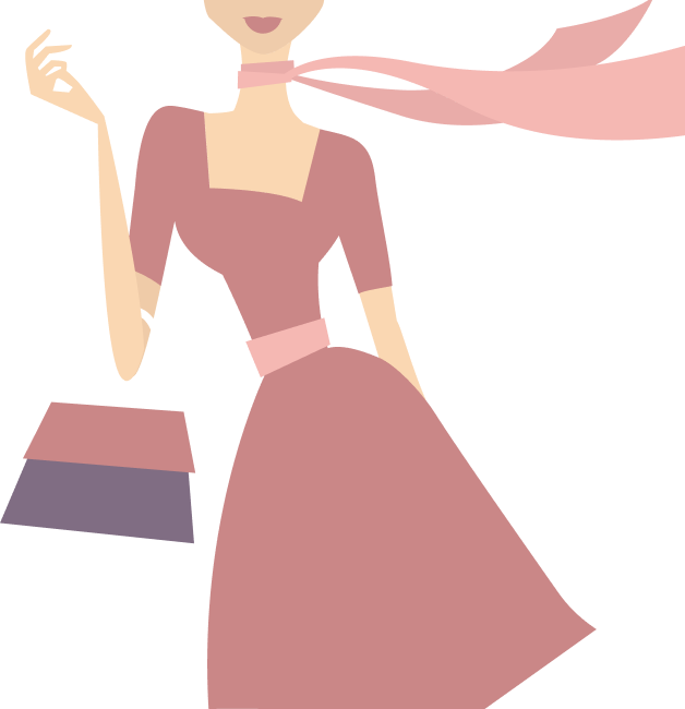 A cartoon female with a flowing scarf and a handbag on her arm.