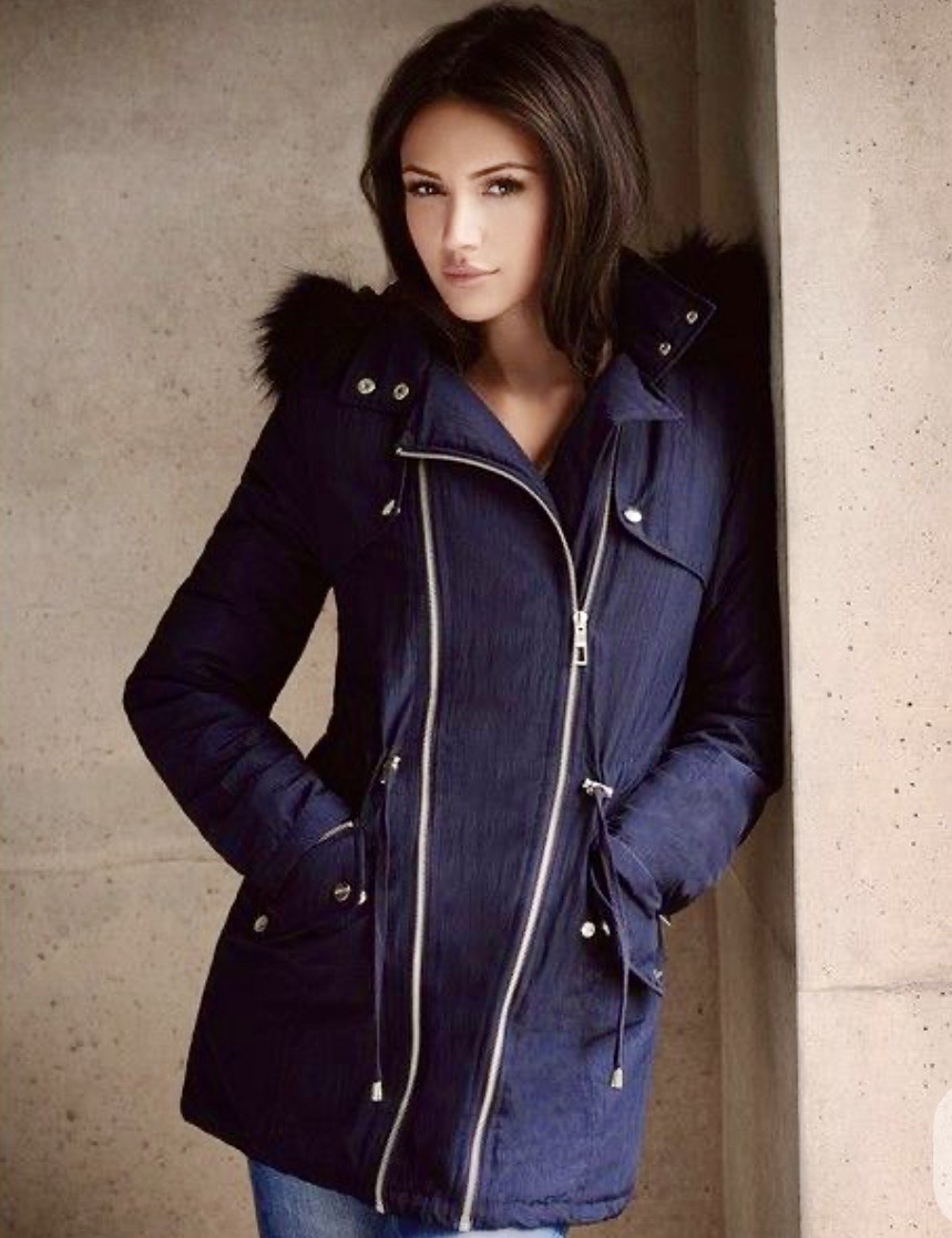 Lipsy London by Michelle Keegan, Navy Blue Hooded Parka Coat with Faux Fur Trim, Size 12.