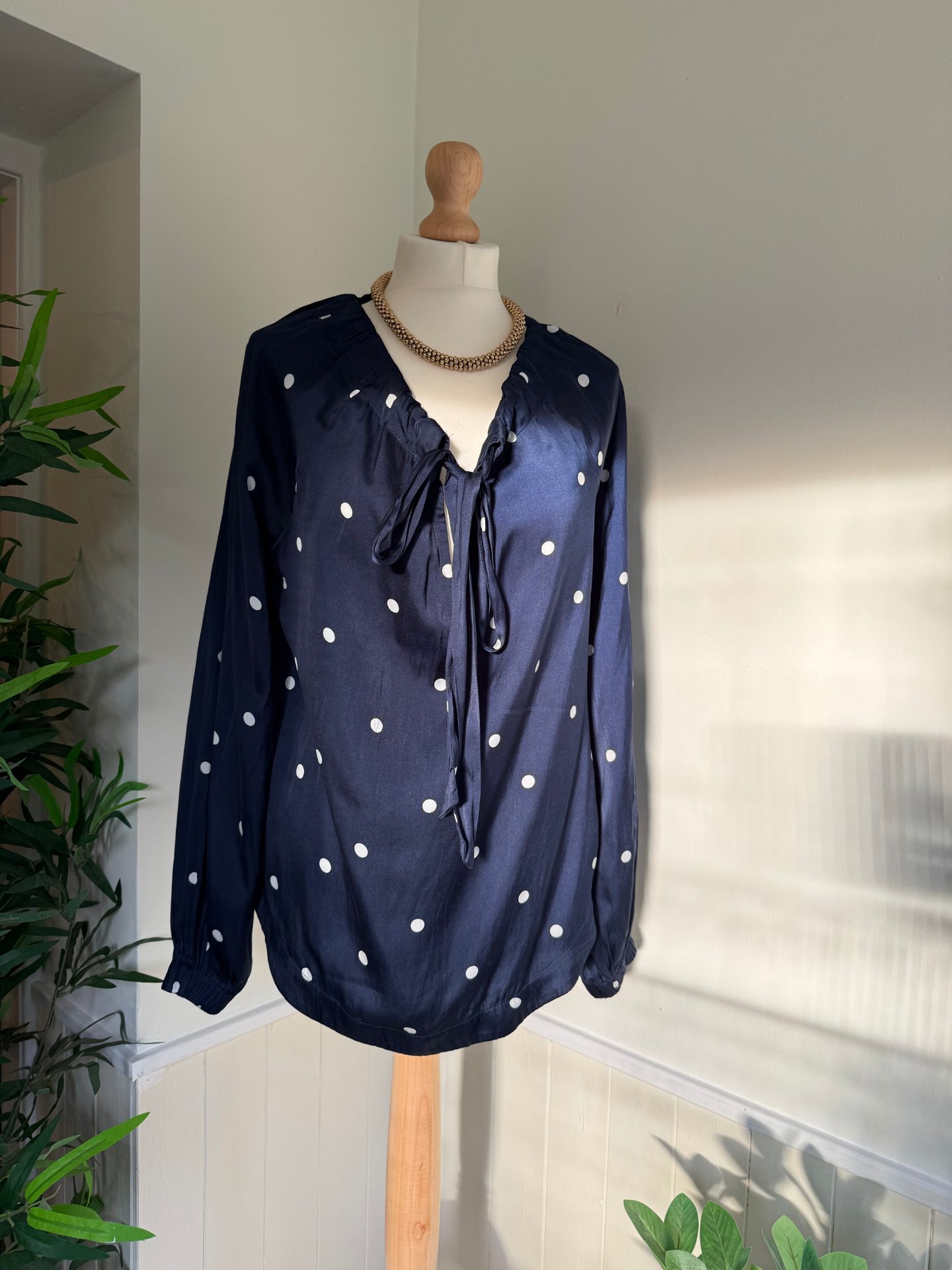 Marks & Spencer, "Per Uno" Navy Satin Blouse with White Polka Dots and Neck Tie, UK Size 10.
