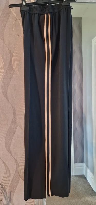M & S smart wide leg Black with stone/beige stripe zip bottom trousers
