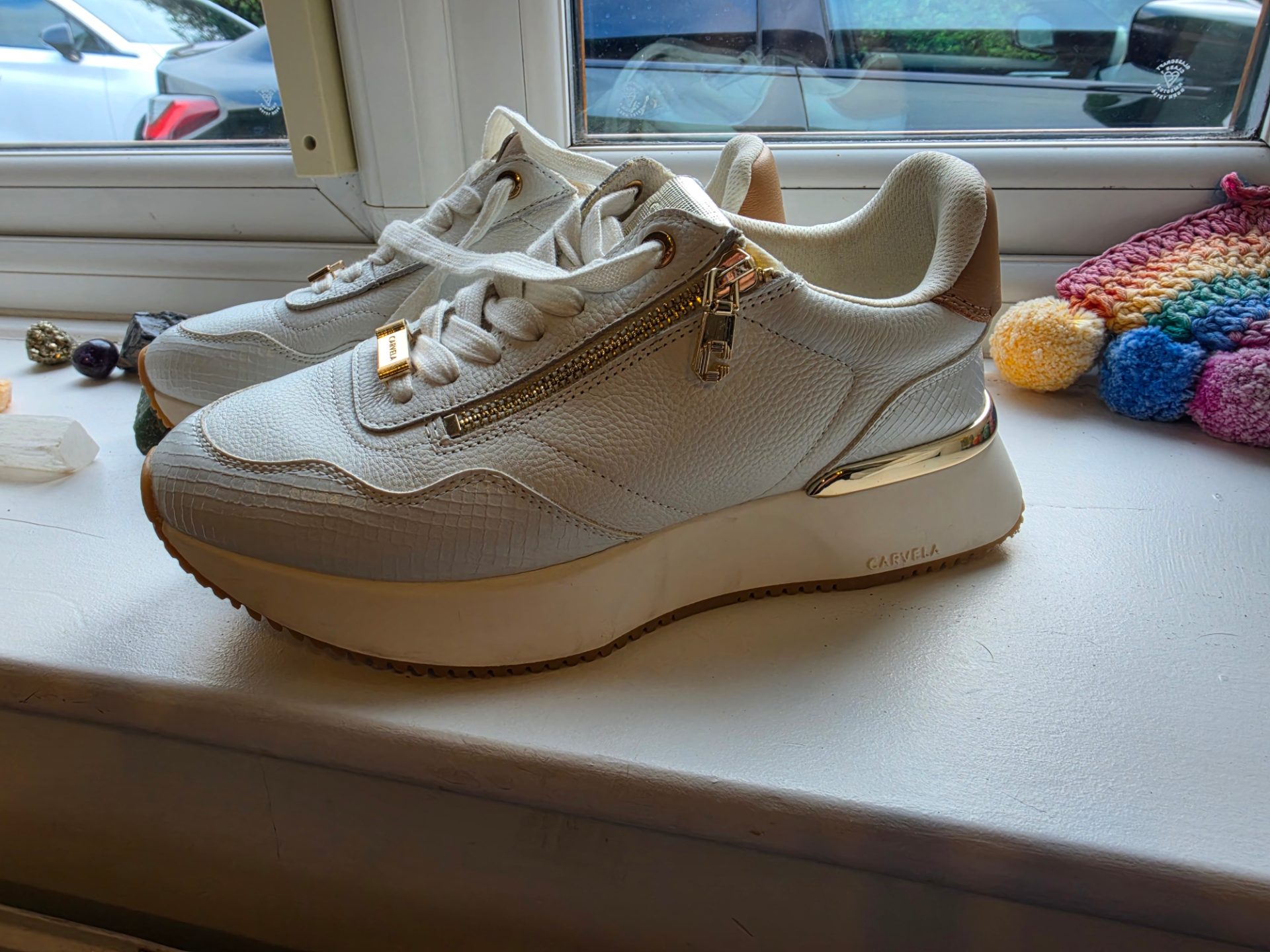 Carvela Flare Zip White Leather Trainers – Size 6