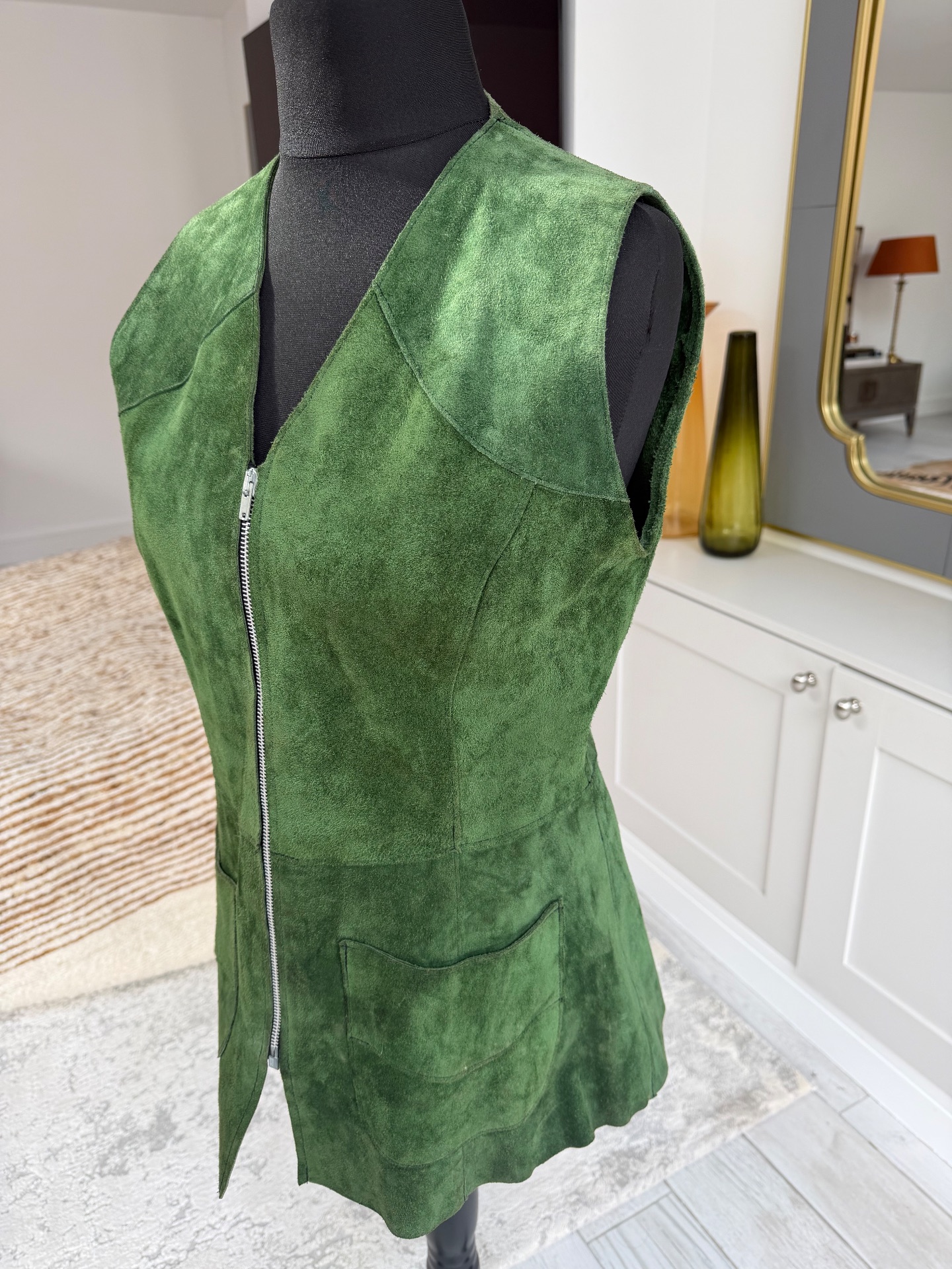 Vintage Genuine Suede Forest Green Longline Fitted Waistcoat/ Gilet Size 10