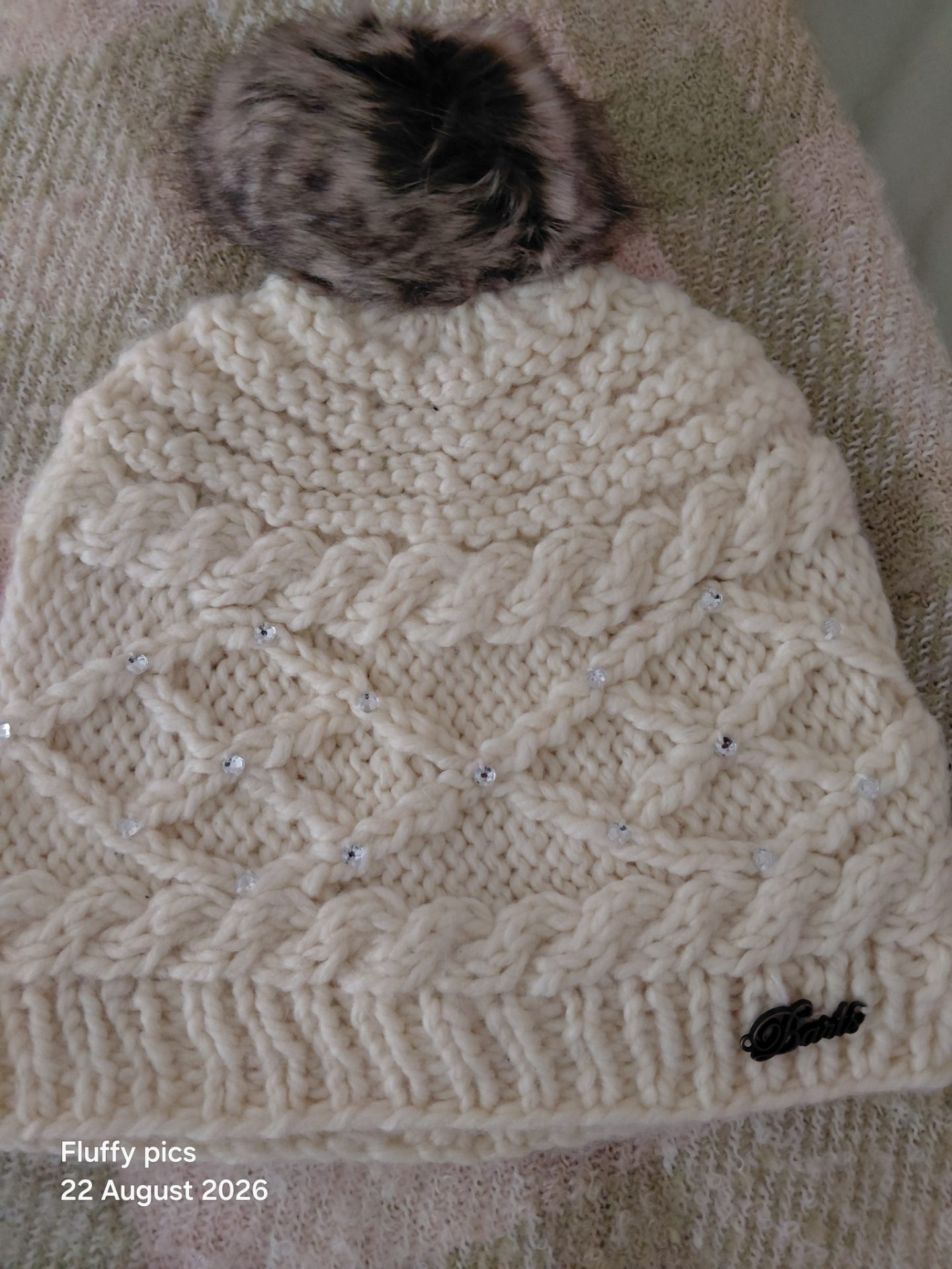 Barts cream pom pom hat with diamanties