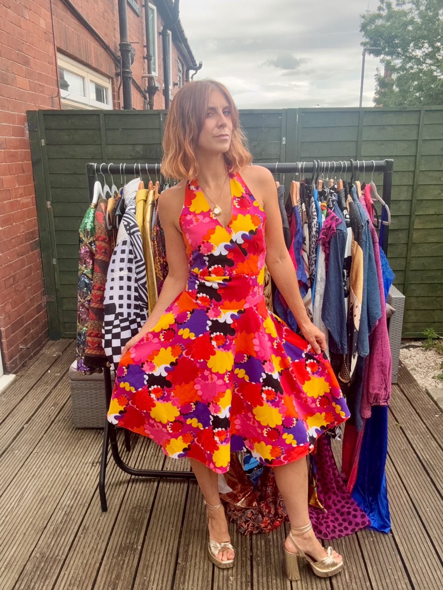 Vintage Psychedelic Floral Print Halterneck Skater Dress
