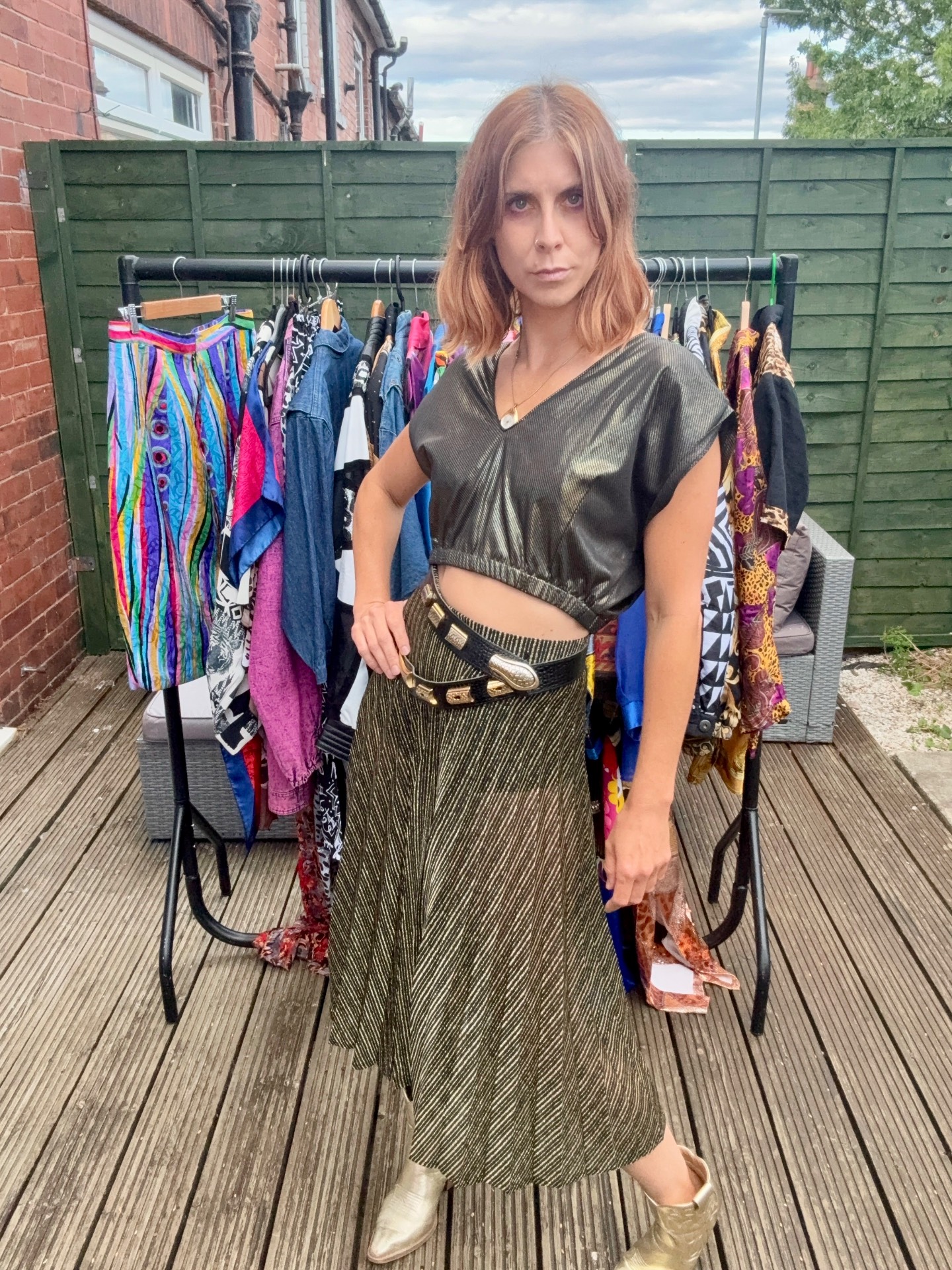 Vintage Metallic Pleated Midi Skirt