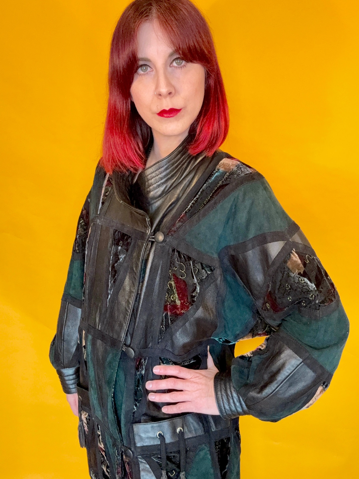 Vintage Green Patchwork Leather Jacket