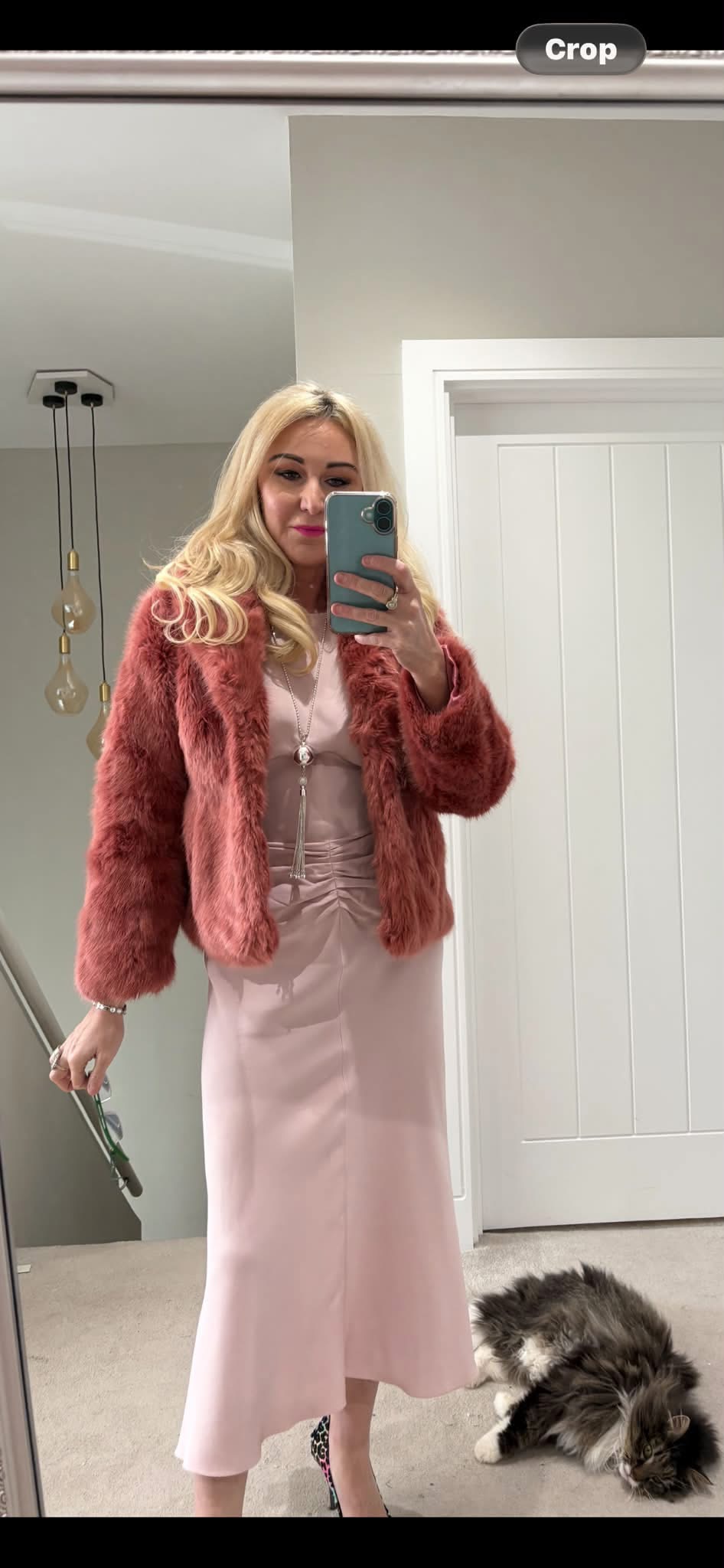 Miss Selfridge dusky pink faux fur coat