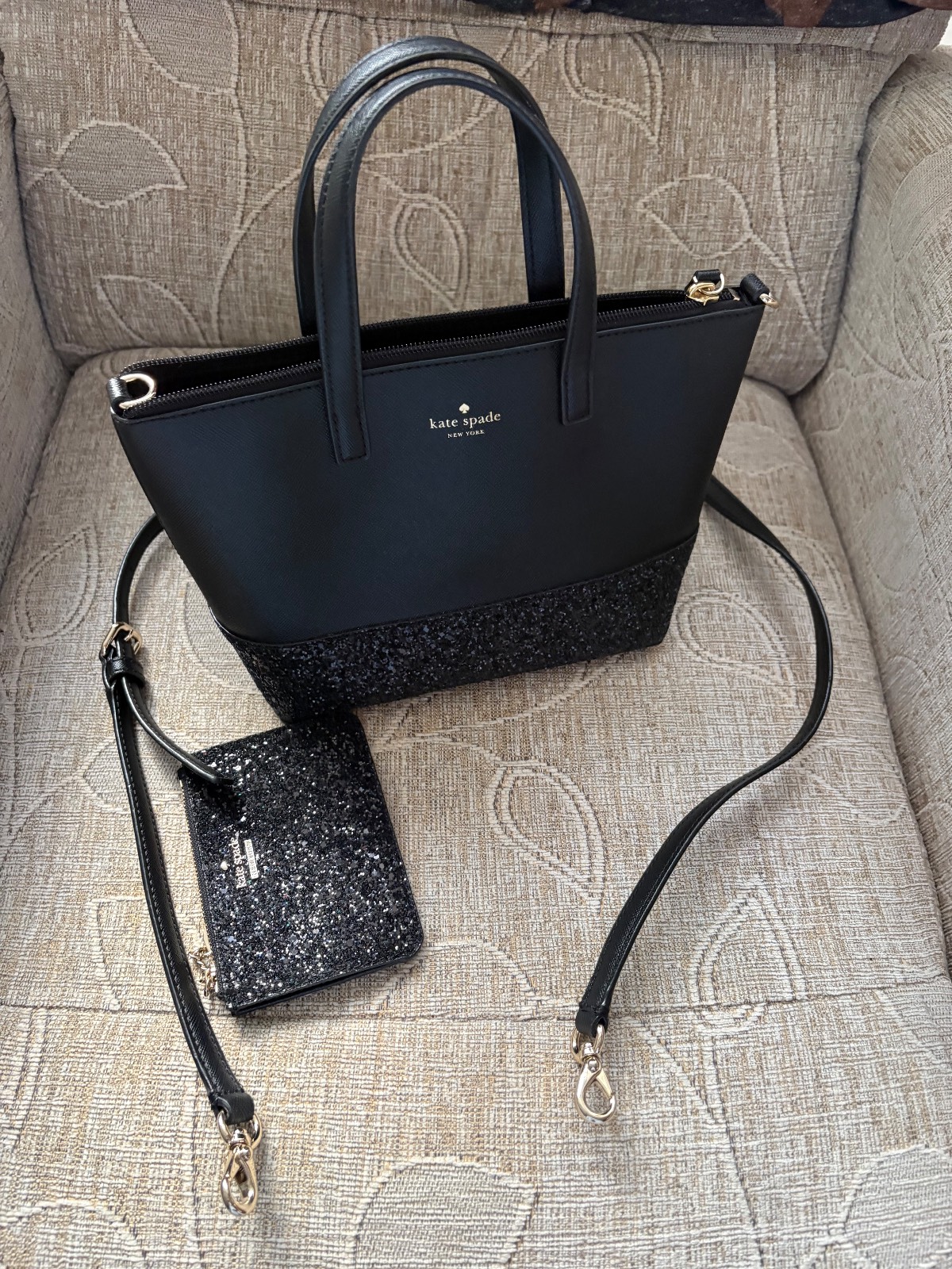 Kate spade black sparkly handbag with matching cardholder excellent condition