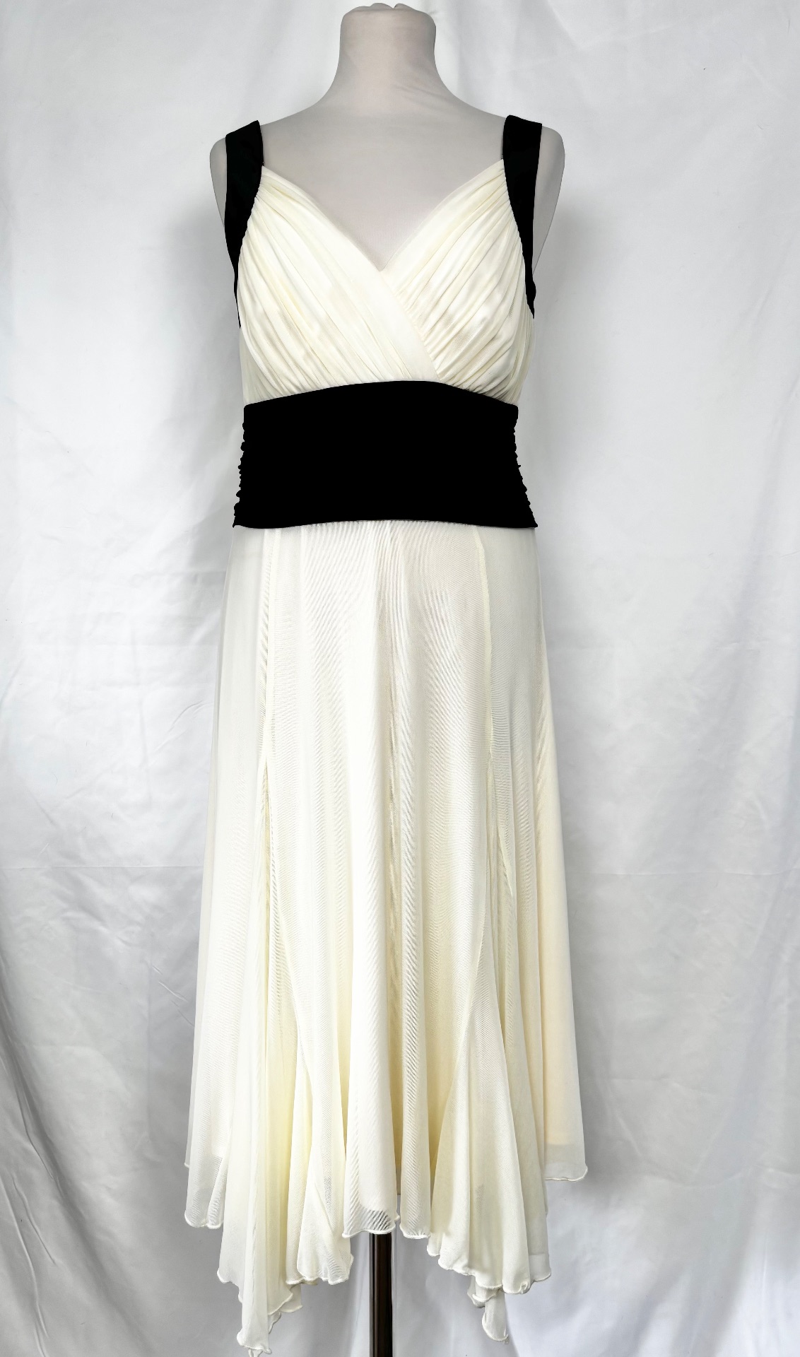 Next Woman Cream And Black Ruched Midi Cocktail Dress Handkerchief Hem UK 10