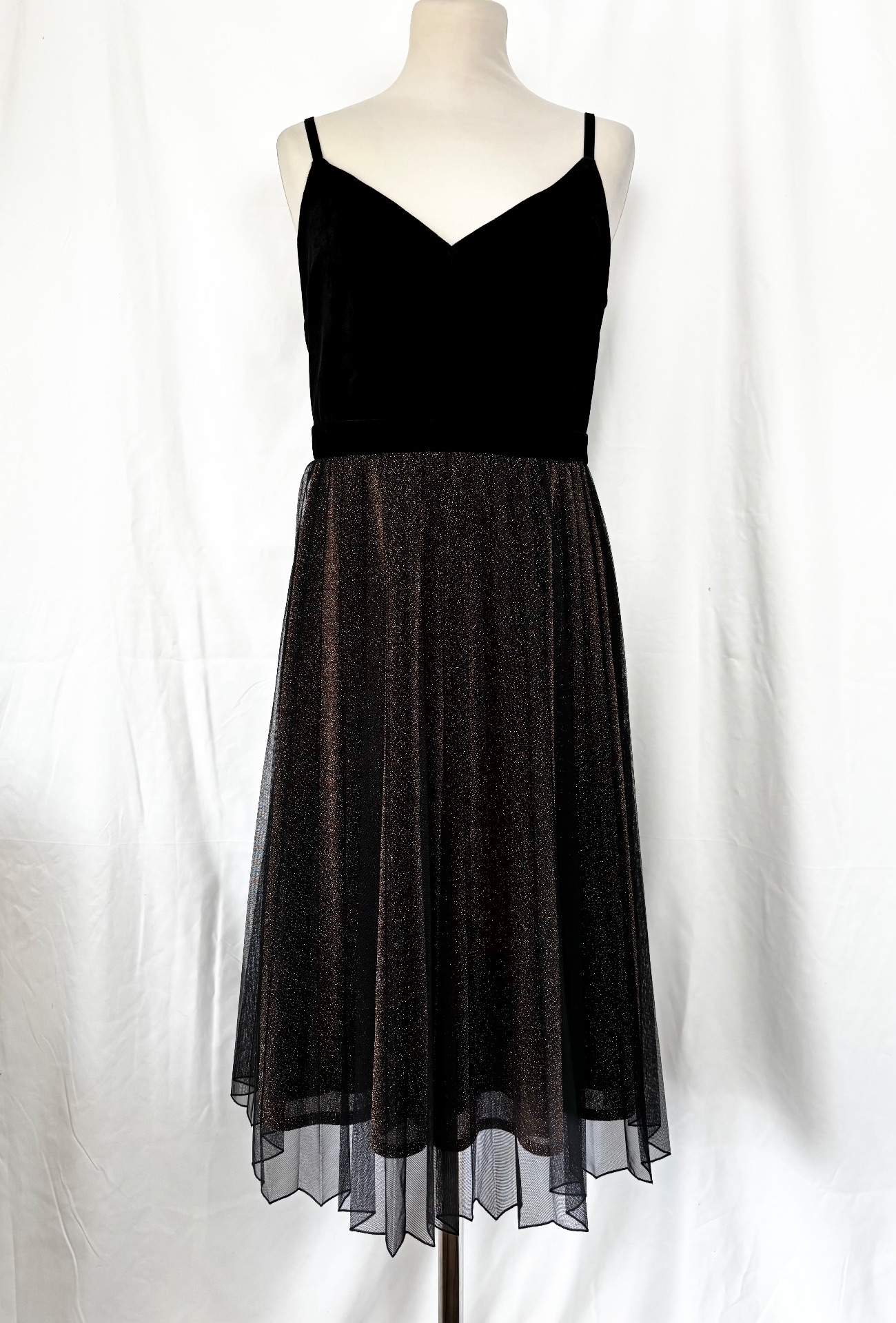 Dorothy Perkins Luxe Black Velvet & GoldGlitter Mesh Midi Dress Size 14