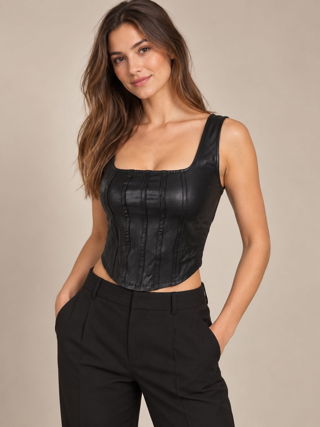 Black leather-look corset-style top