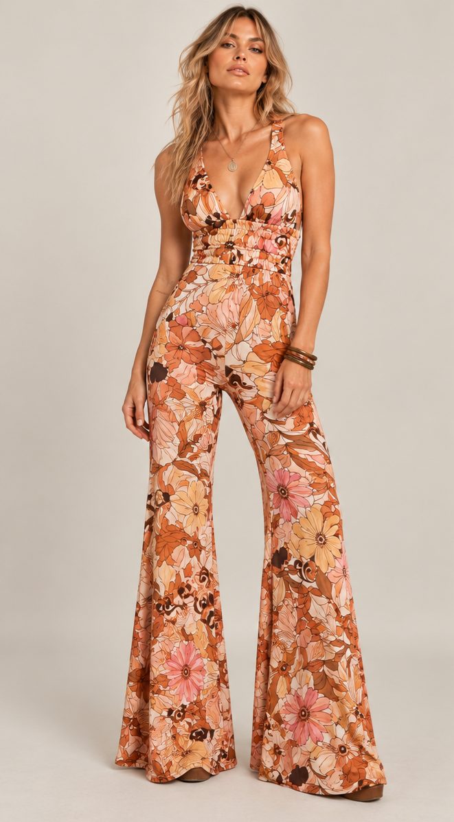 70s Satin Floral Halterneck Flared Jumpsuit 🌸🤎