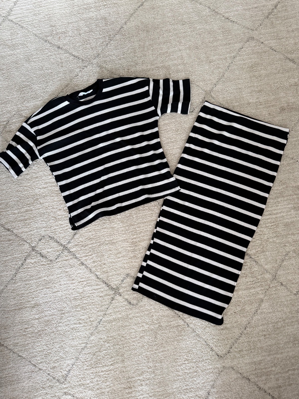 Black & White Striped Ribbed Knit Two-Piece Midi Skirt & Top Co-ord Set
