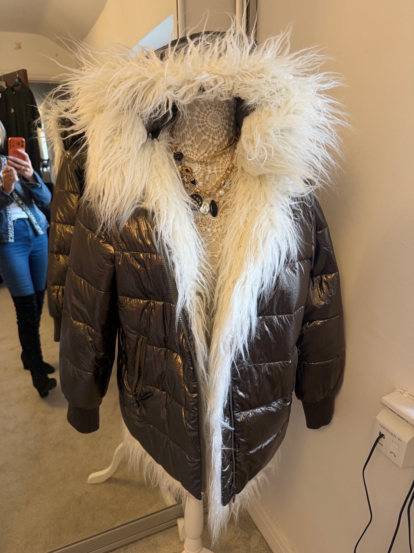 Metallic jacket with faux fur detail