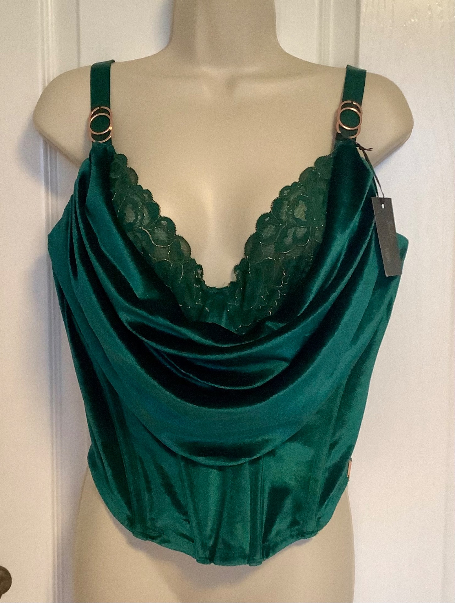 Pour Moi India Velvet Luxe Metallic Lace Cowl Neck Bustier in forest green